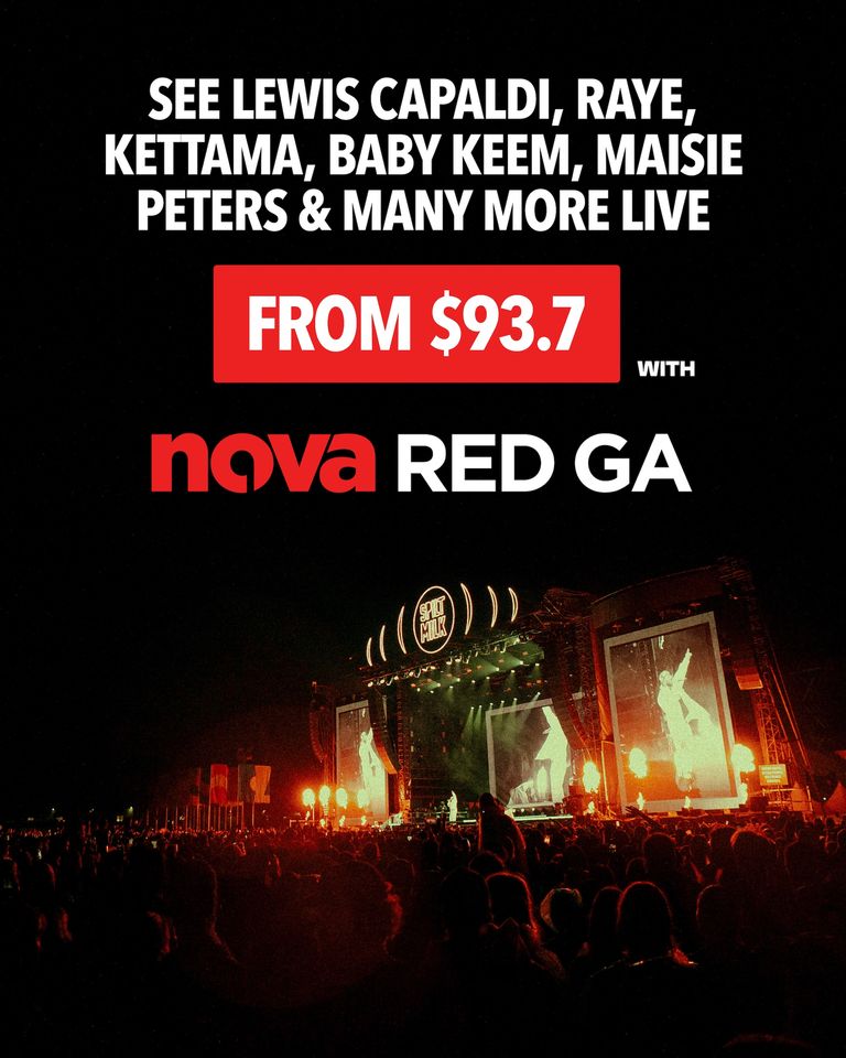 Nova Red GA promo featuring Spilt Milk festival stage with Lewis Capaldi, Raye, and Baby Keem.